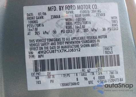 2007 Mercury Mariner Premier z USA, uszkodzony, nr VIN 4M2CU871X7KJ08312